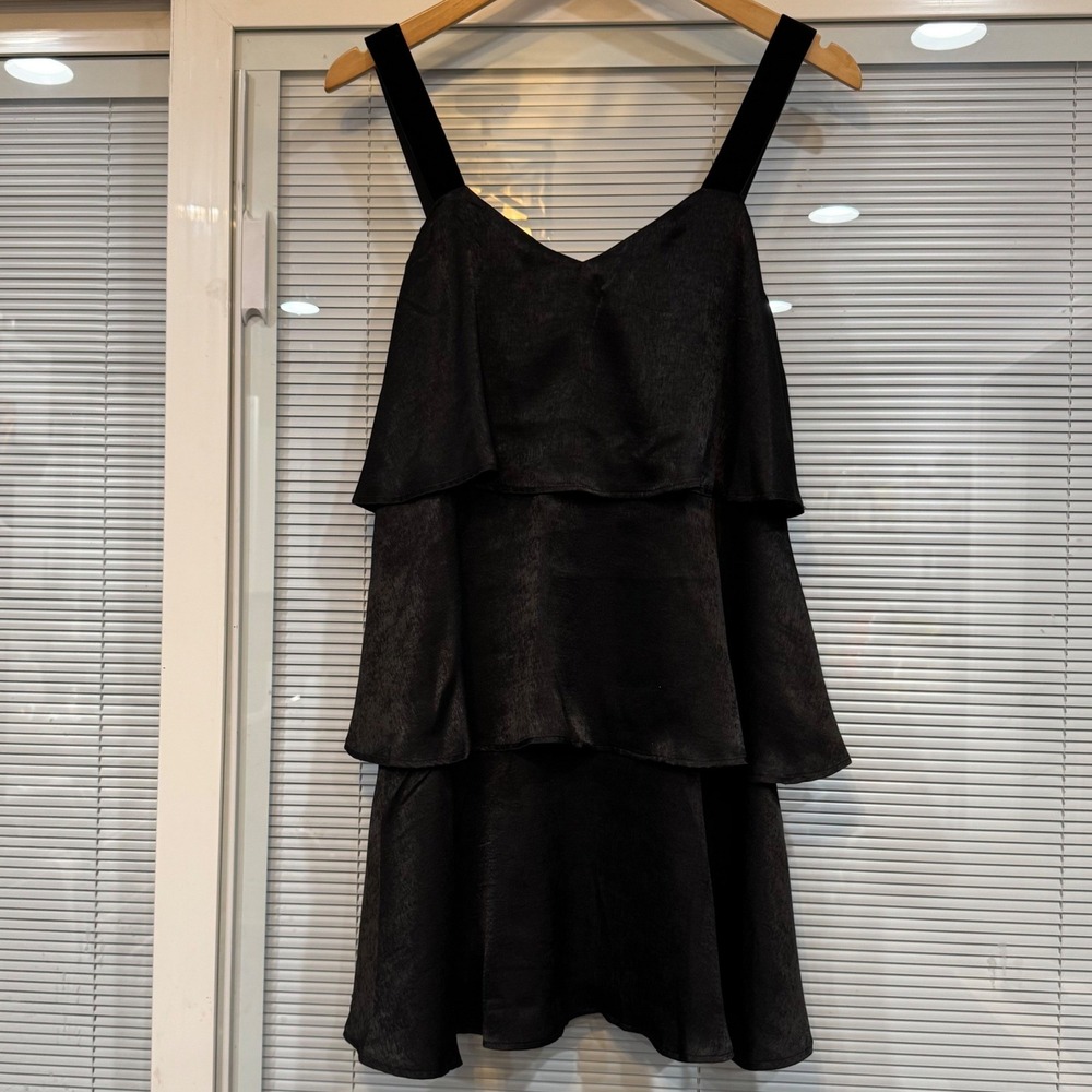 Sweet Lemon Chacha Dress Black Tiered Ruffle Satin Mini Dress Size S NWT